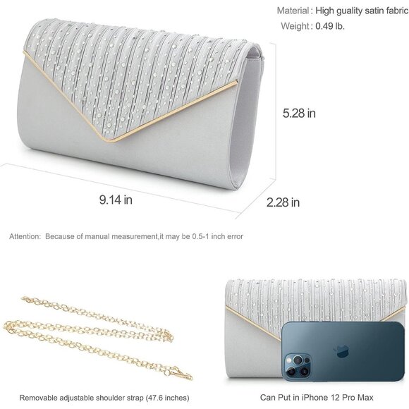 ⚡ Women's Evening Rhinestones Envelope Style Chain Strap Silver Clutch Handbag - Picture 6 of 6